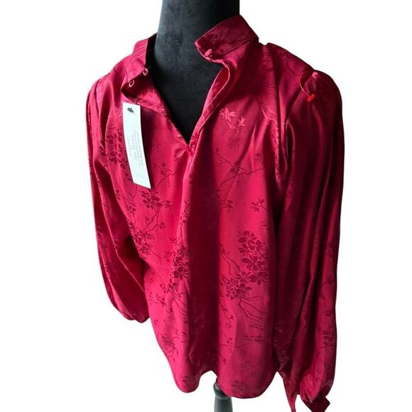 NWT VICI Aretha Satin Embossed Balloon Sleeve Blouse Burgundy - S - Picture 2 of 6
